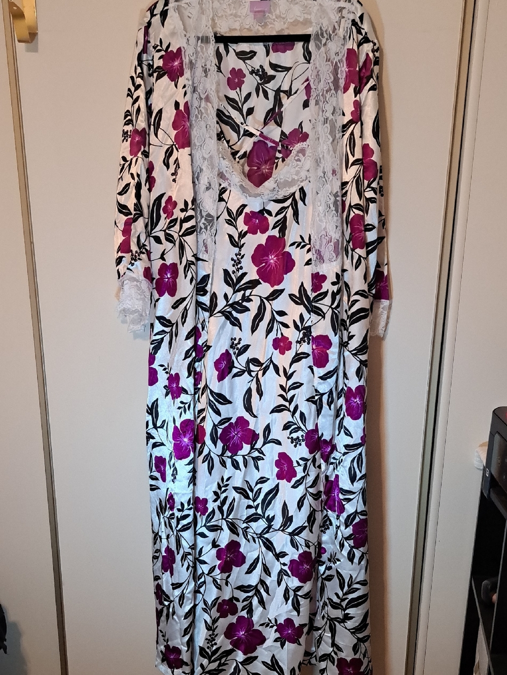 Amoureuse White Floral Lace-Trim Maxi Nightgown - Magenta & Black Print